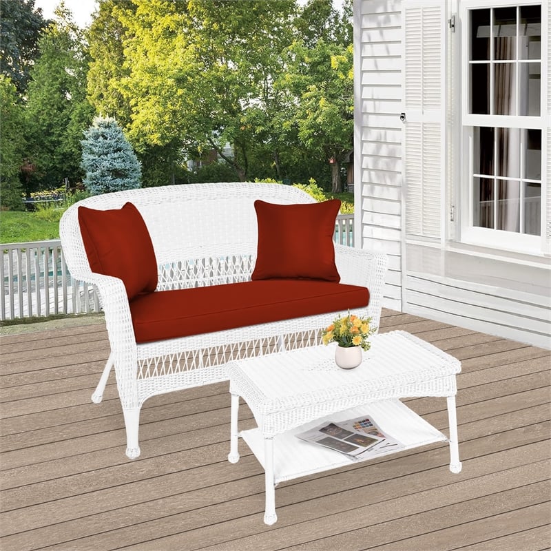 Jeco Wicker Patio Love Seat and Coffee Table Set in White