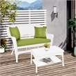 Jeco Wicker Patio Love Seat and Coffee Table Set in White with Green Cushion
