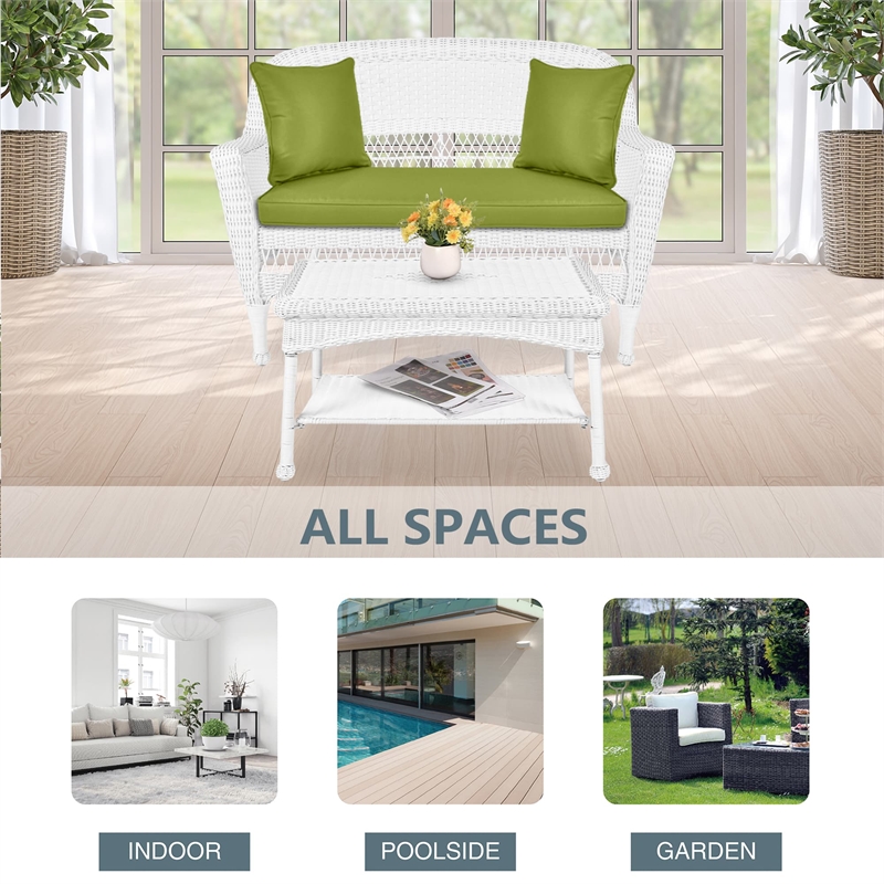 Jeco Wicker Patio Love Seat and Coffee Table Set in White with Green Cushion