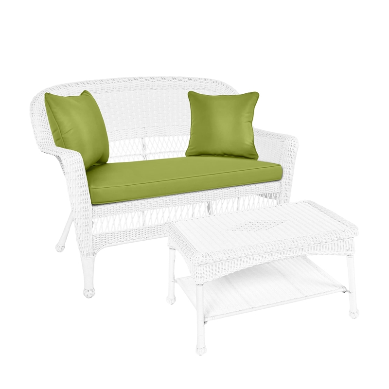 Jeco Wicker Patio Love Seat and Coffee Table Set in White with Green Cushion