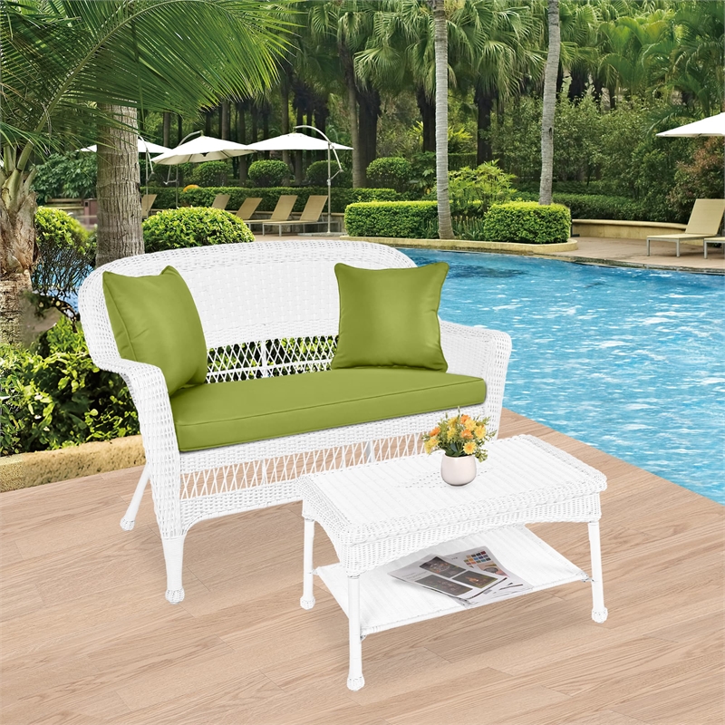 Jeco Wicker Patio Love Seat and Coffee Table Set in White with Green Cushion