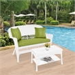 Jeco Wicker Patio Love Seat and Coffee Table Set in White with Green Cushion