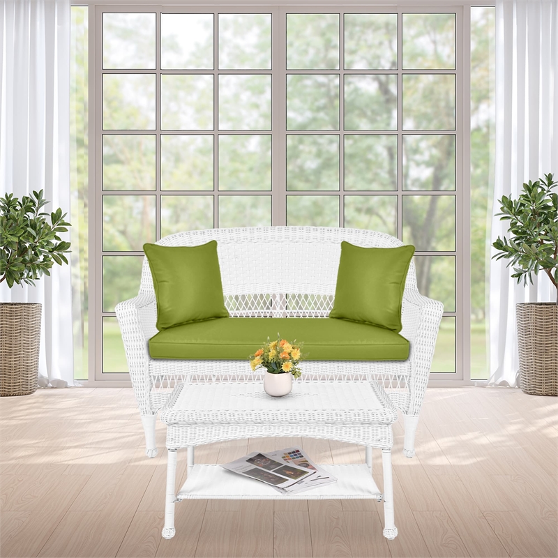 Jeco Wicker Patio Love Seat and Coffee Table Set in White with Green Cushion