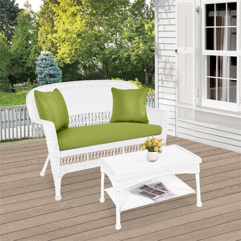 Jeco Wicker Patio Love Seat and Coffee Table Set in White with Green Cushion