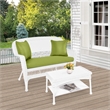 Jeco Wicker Patio Love Seat and Coffee Table Set in White with Green Cushion