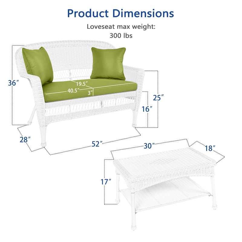 Jeco Wicker Patio Love Seat and Coffee Table Set in White with Green Cushion