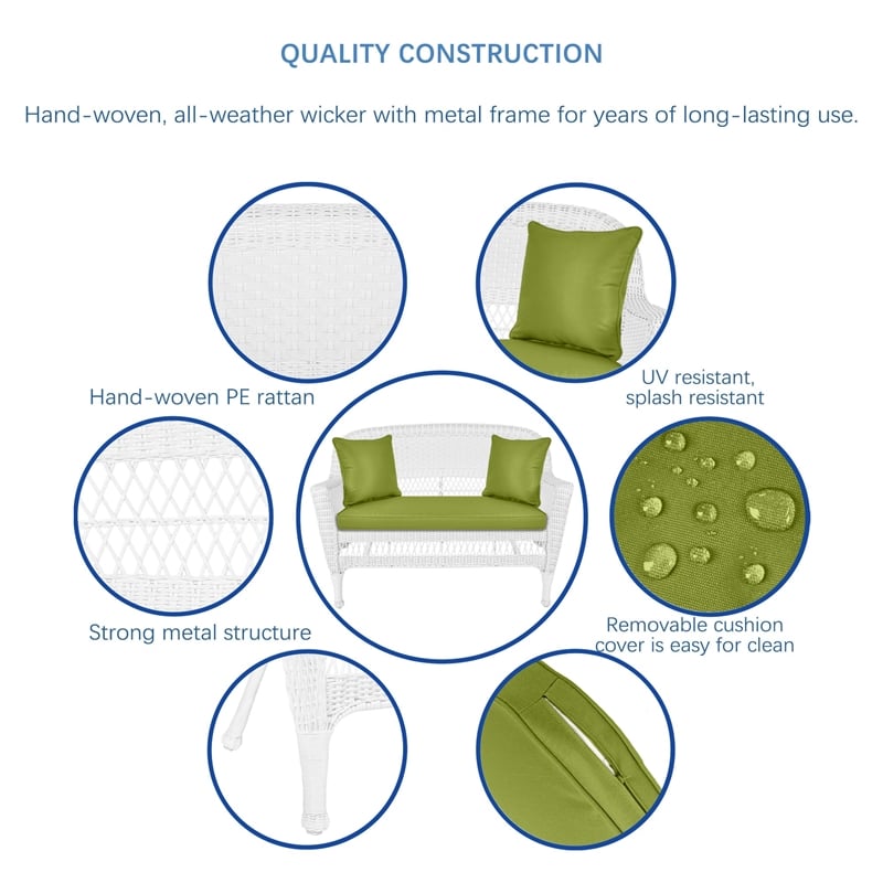 Jeco Wicker Patio Love Seat and Coffee Table Set in White with Green Cushion