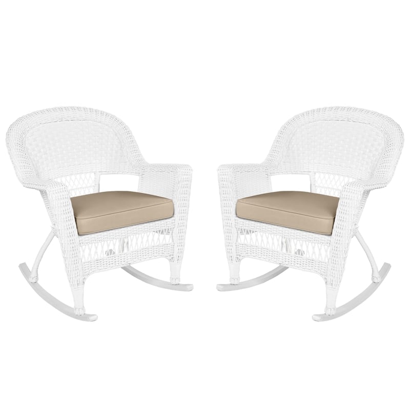Jeco Rocker Wicker Chair in White with Tan Cushion (Set of 2)