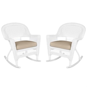 Jeco Rocker Wicker Chair in White with Tan Cushion (Set of 2)