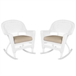 Jeco Rocker Wicker Chair in White with Tan Cushion (Set of 2)