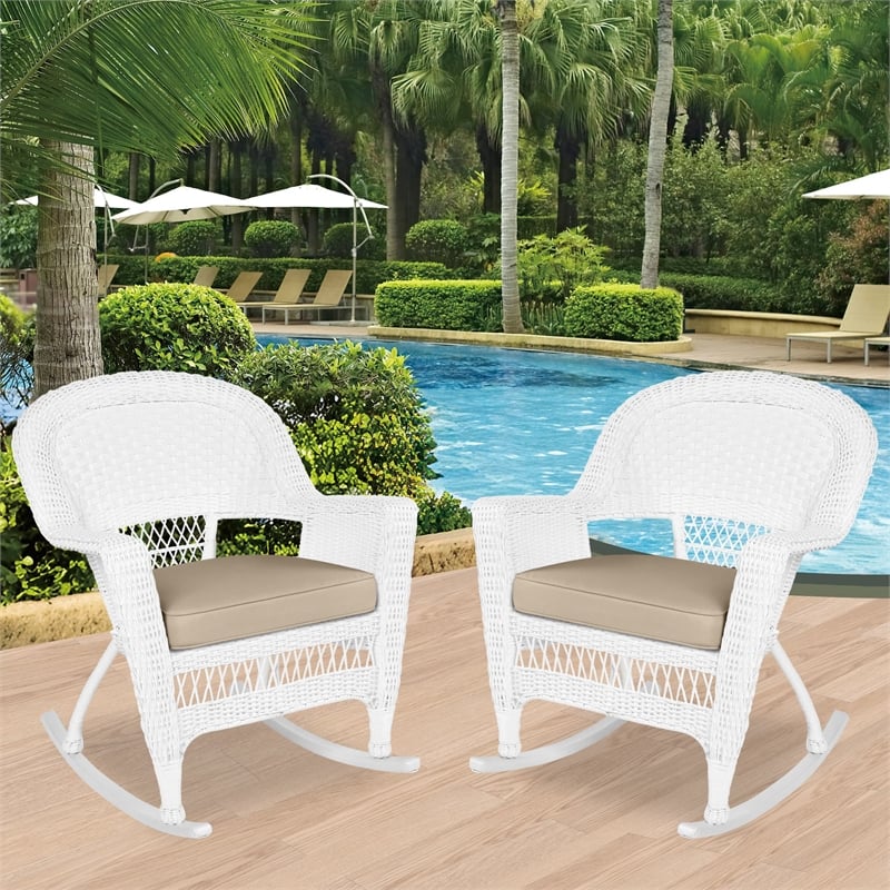 Jeco Rocker Wicker Chair in White with Tan Cushion (Set of 2)