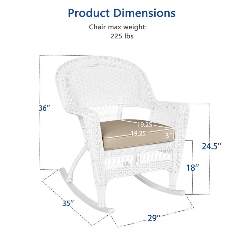 Jeco Rocker Wicker Chair in White with Tan Cushion (Set of 2)