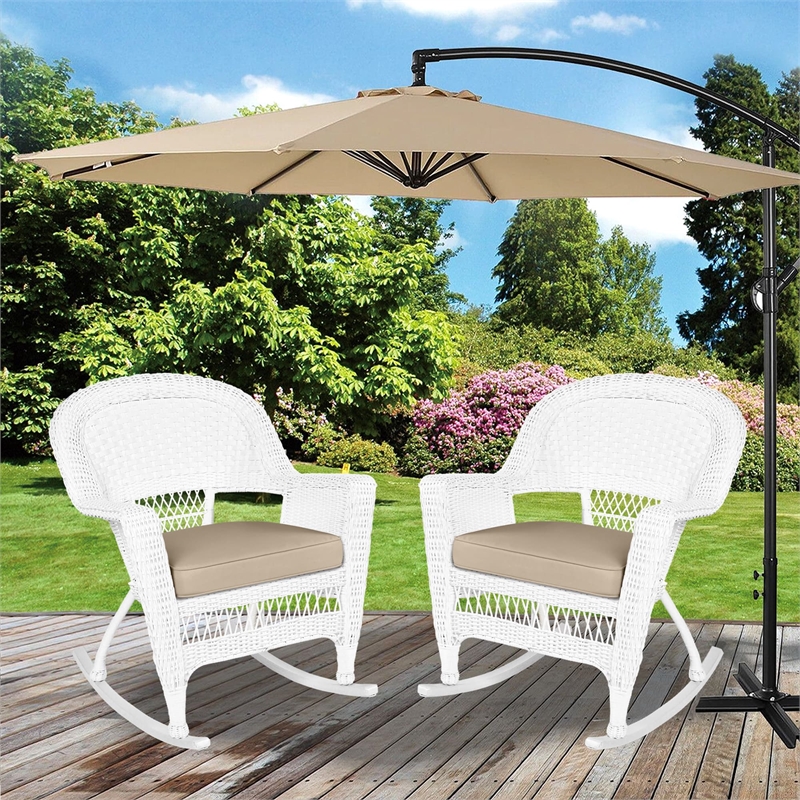 Jeco Rocker Wicker Chair in White with Tan Cushion (Set of 2)