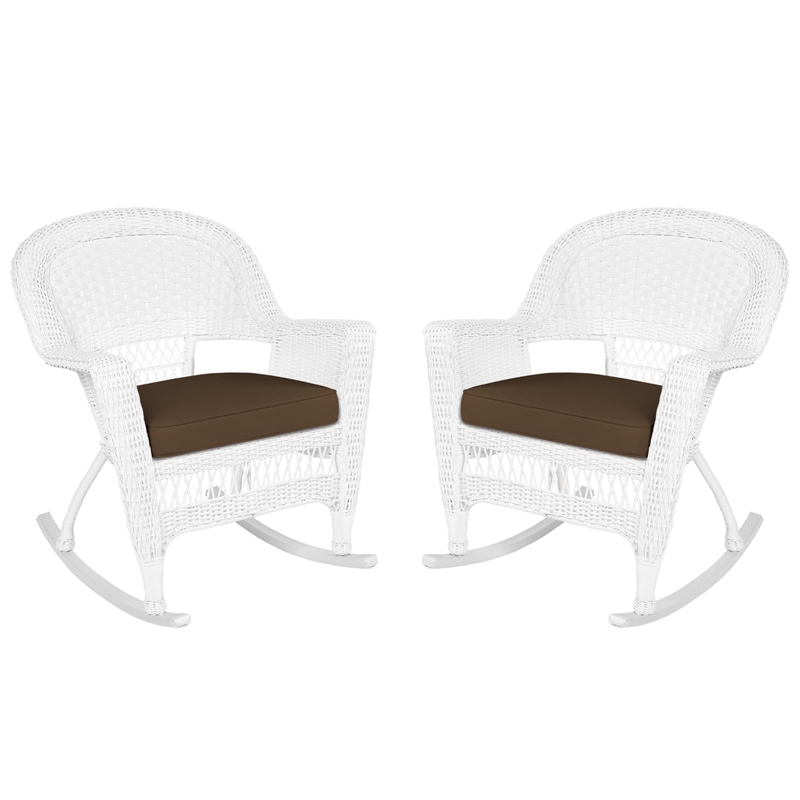 Jeco Rocker Wicker Chair in White with Brown Cushion (Set of 2)