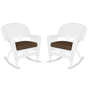 Jeco Rocker Wicker Chair in White with Brown Cushion (Set of 2)