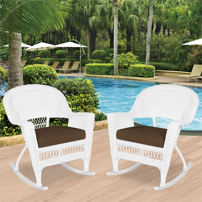 Jeco Rocker Wicker Chair in White with Brown Cushion (Set of 2)