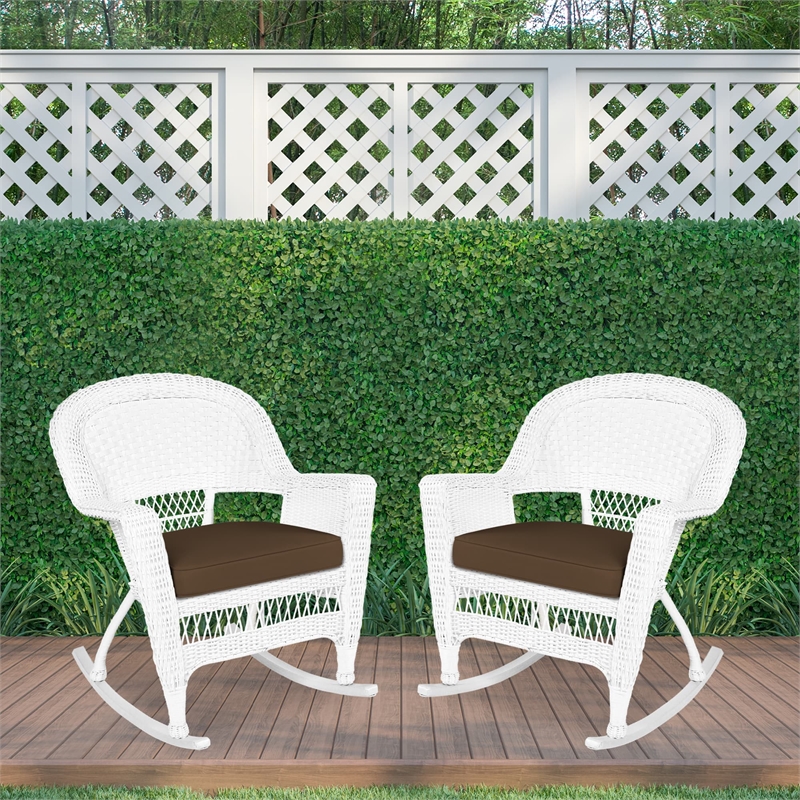 Jeco Rocker Wicker Chair in White with Brown Cushion (Set of 2)