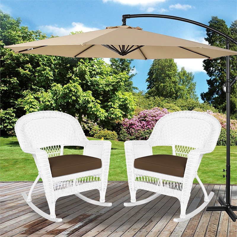 Jeco Rocker Wicker Chair in White with Brown Cushion (Set of 2)