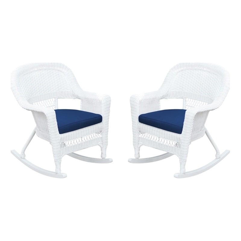 Jeco Rocker Wicker Chair in White with Blue Cushion (Set of 2)