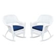 Jeco Rocker Wicker Chair in White with Blue Cushion (Set of 2)