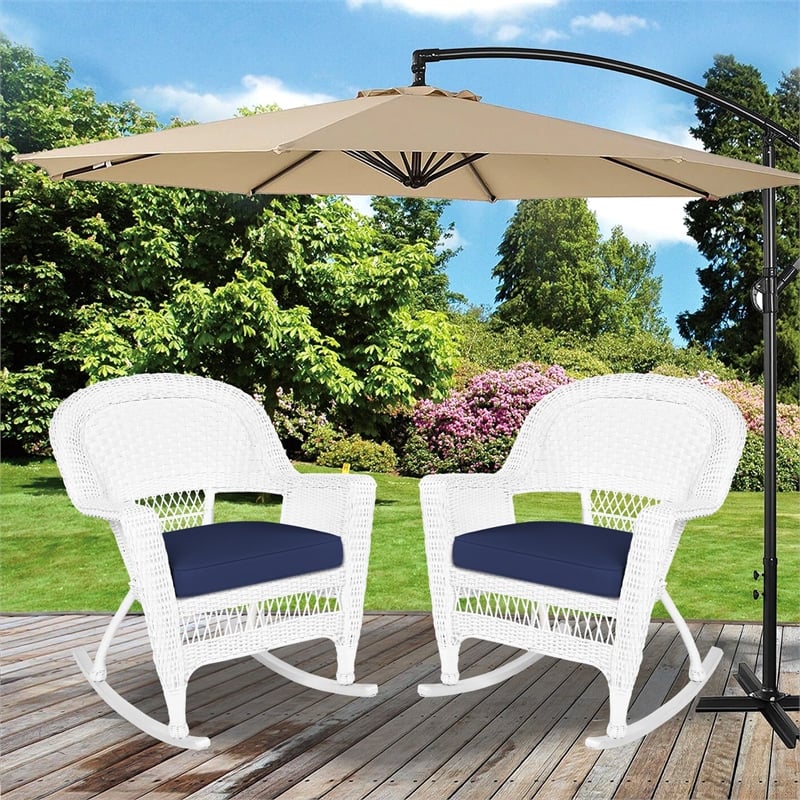 Jeco Rocker Wicker Chair in White with Blue Cushion (Set of 2)