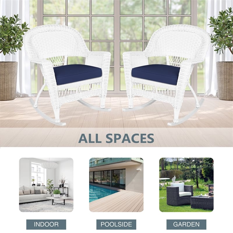 Jeco Rocker Wicker Chair in White with Blue Cushion (Set of 2)