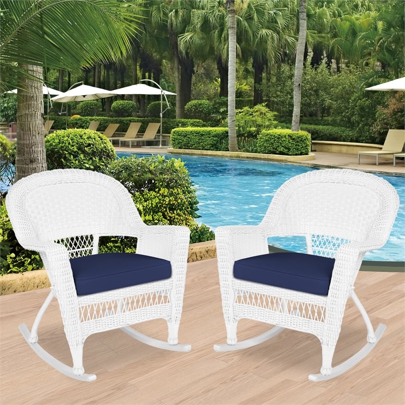 Jeco Rocker Wicker Chair in White with Blue Cushion (Set of 2)