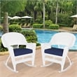 Jeco Rocker Wicker Chair in White with Blue Cushion (Set of 2)