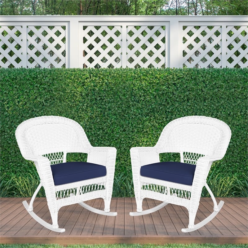 Jeco Rocker Wicker Chair in White with Blue Cushion (Set of 2)