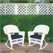 Jeco Rocker Wicker Chair in White with Blue Cushion (Set of 2)