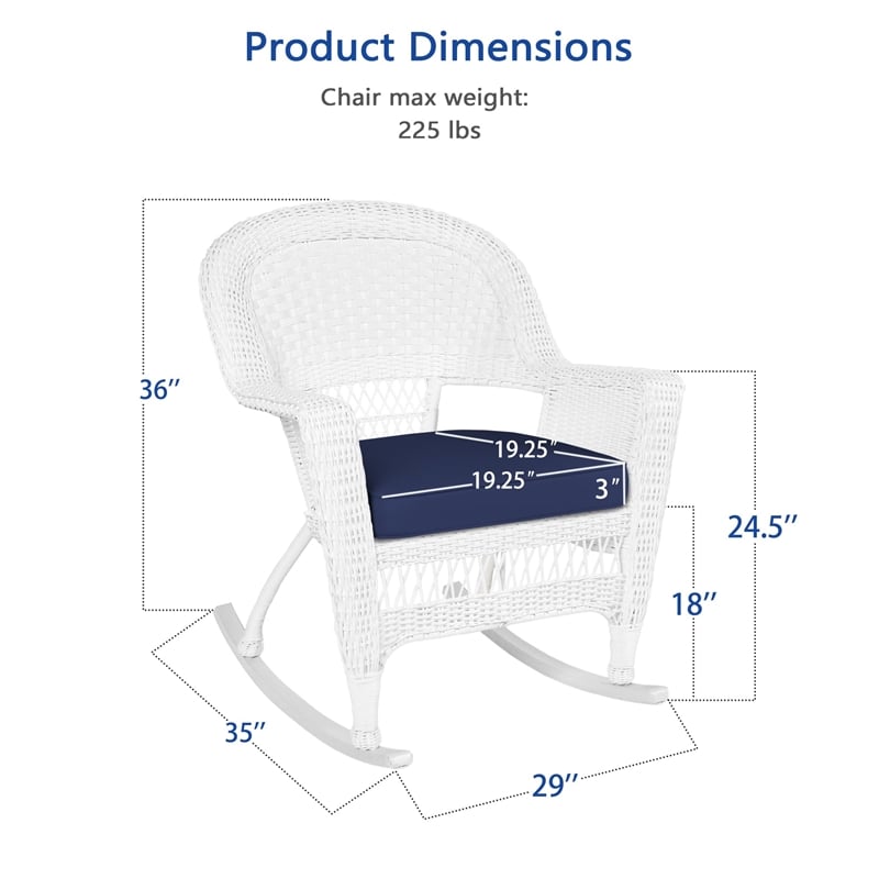 Jeco Rocker Wicker Chair in White with Blue Cushion (Set of 2)