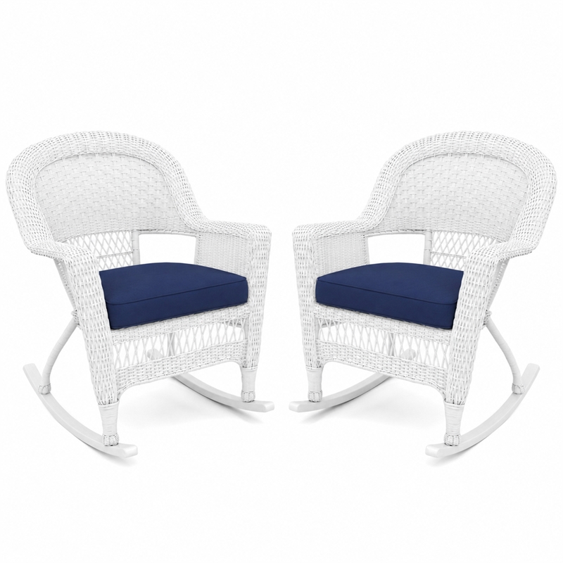 White Resin Wicker Rocking Chair with Midnight Blue Cushion- Set of 2