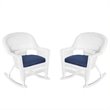 Jeco Rocker Wicker Chair in White with Blue Cushion (Set of 2)