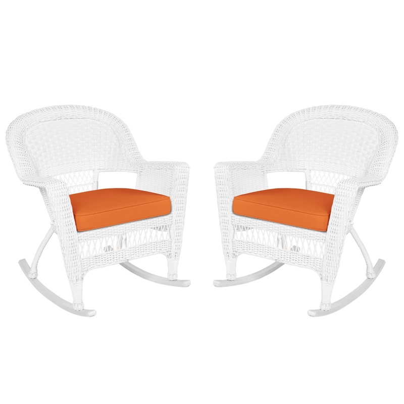 Jeco Rocker Wicker Chair in White with Orange Cushion (Set of 2)
