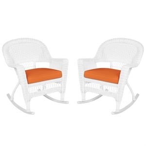 Jeco Rocker Wicker Chair in White with Orange Cushion (Set of 2)