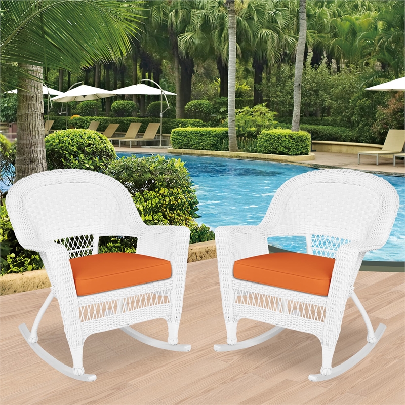 Jeco Rocker Wicker Chair in White with Orange Cushion (Set of 2)