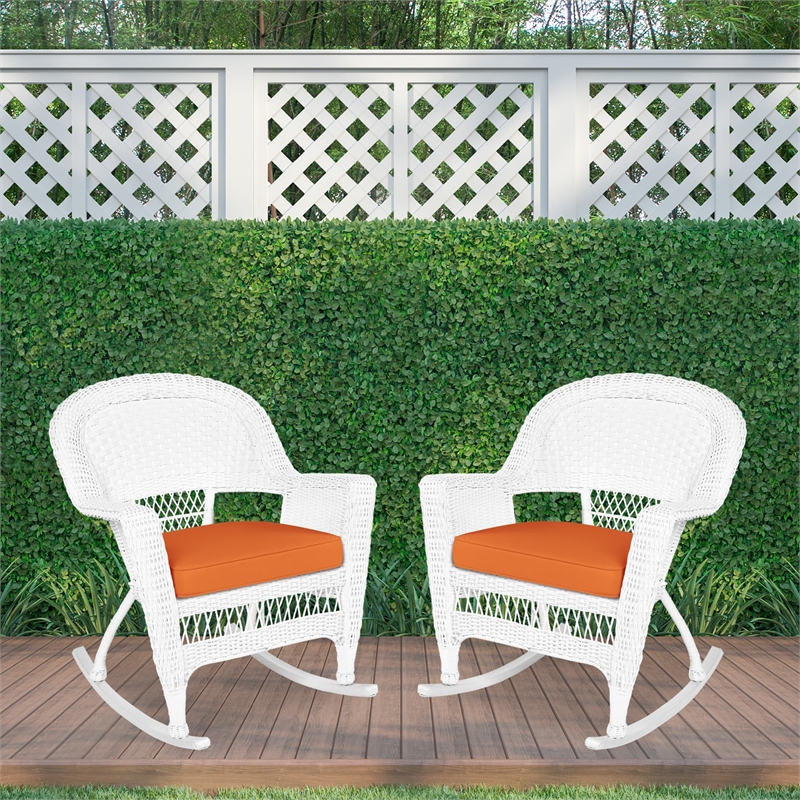 Jeco Rocker Wicker Chair in White with Orange Cushion (Set of 2)