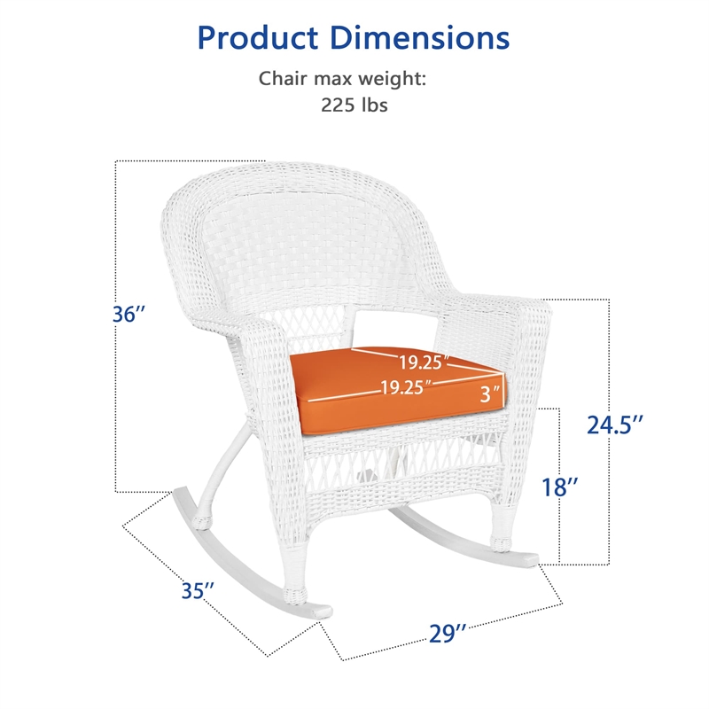 Jeco Rocker Wicker Chair in White with Orange Cushion (Set of 2)