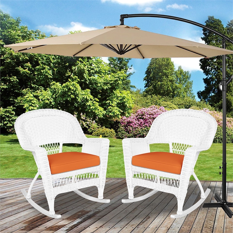 Jeco Rocker Wicker Chair in White with Orange Cushion (Set of 2)