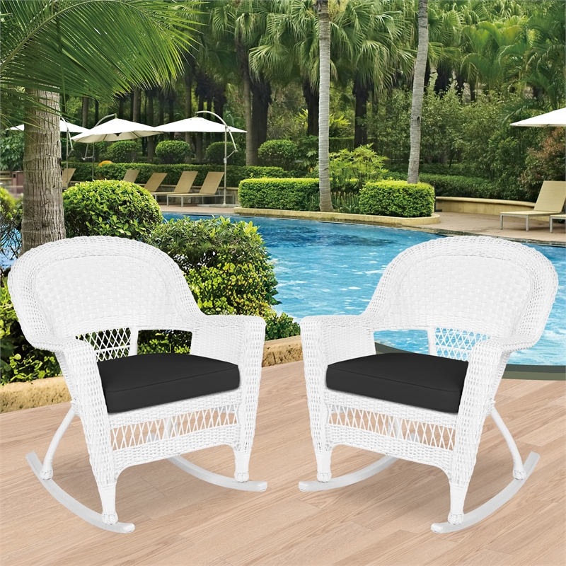 Jeco Resin Wicker Outdoor Patio Rocker Chair in White w/Black Cushion (Set of 2)