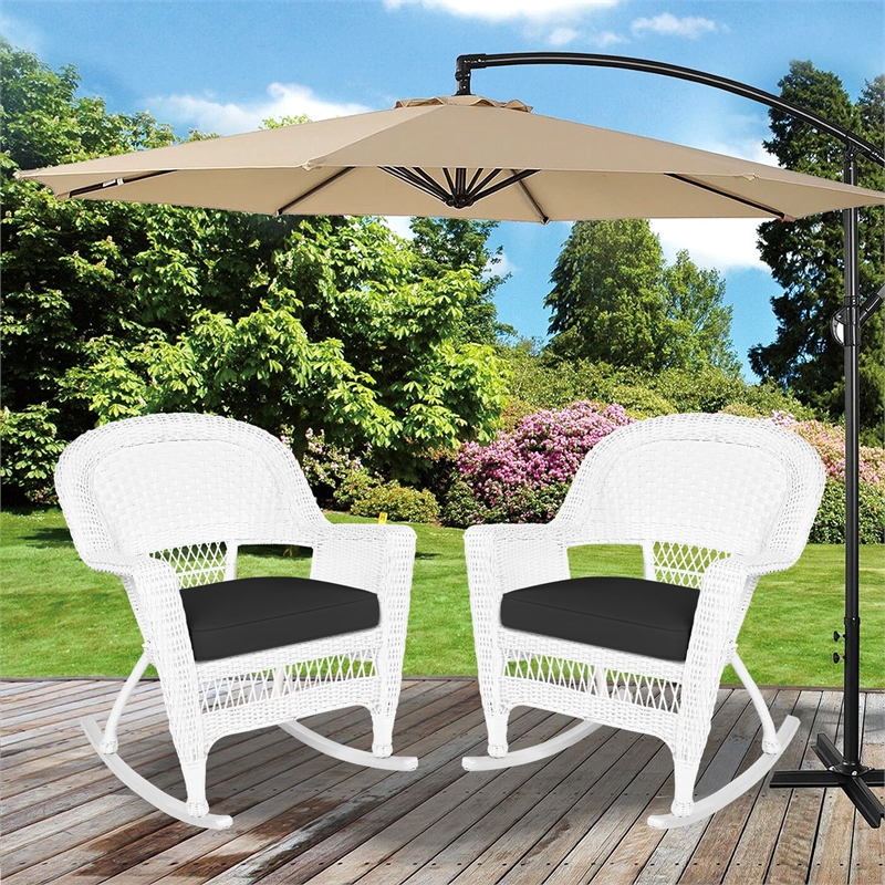 Jeco Resin Wicker Outdoor Patio Rocker Chair in White w/Black Cushion (Set of 2)