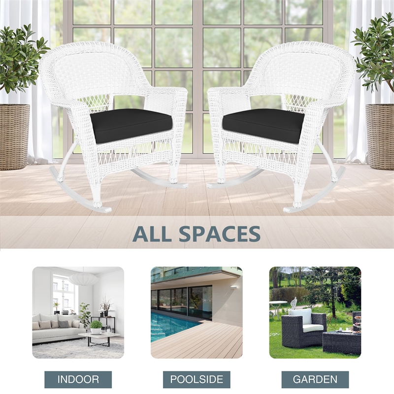 Jeco Resin Wicker Outdoor Patio Rocker Chair in White w/Black Cushion (Set of 2)