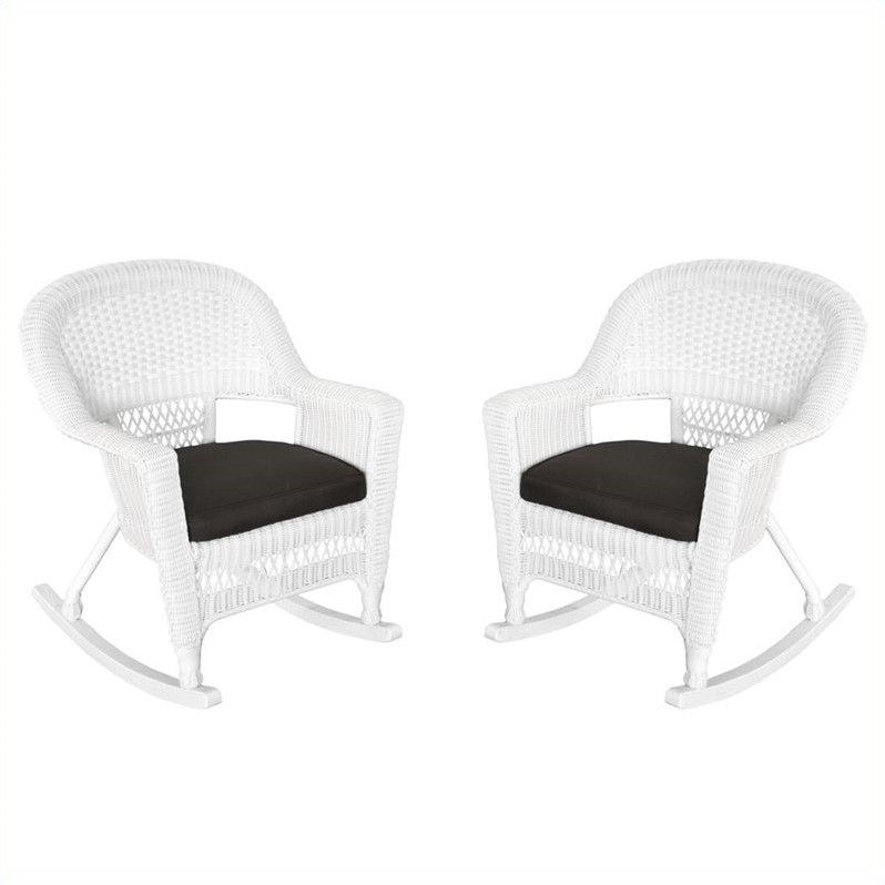 Jeco Resin Wicker Outdoor Patio Rocker Chair in White w/Black Cushion (Set of 2)