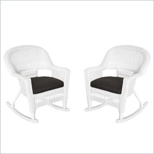 Jeco Resin Wicker Outdoor Patio Rocker Chair in White w/Black Cushion (Set of 2)