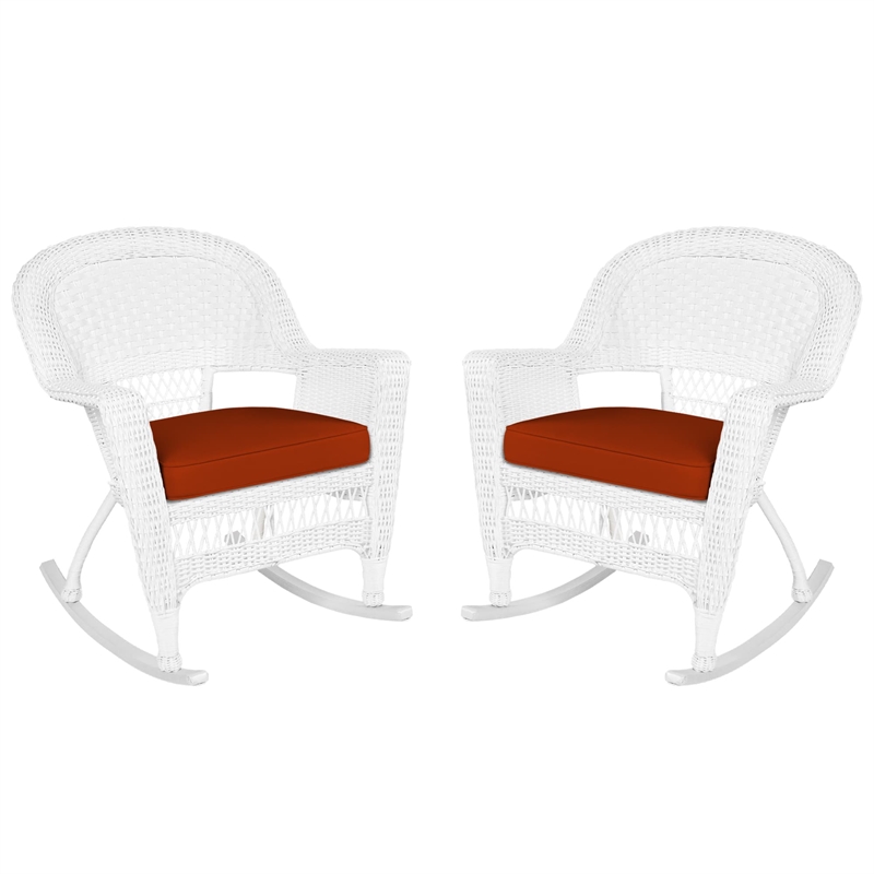 Jeco Rocker Wicker Chair in White with Red Cushion (Set of 2)