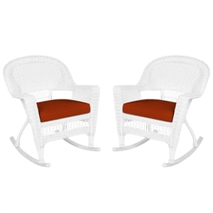 Jeco Rocker Wicker Chair in White with Red Cushion (Set of 2)