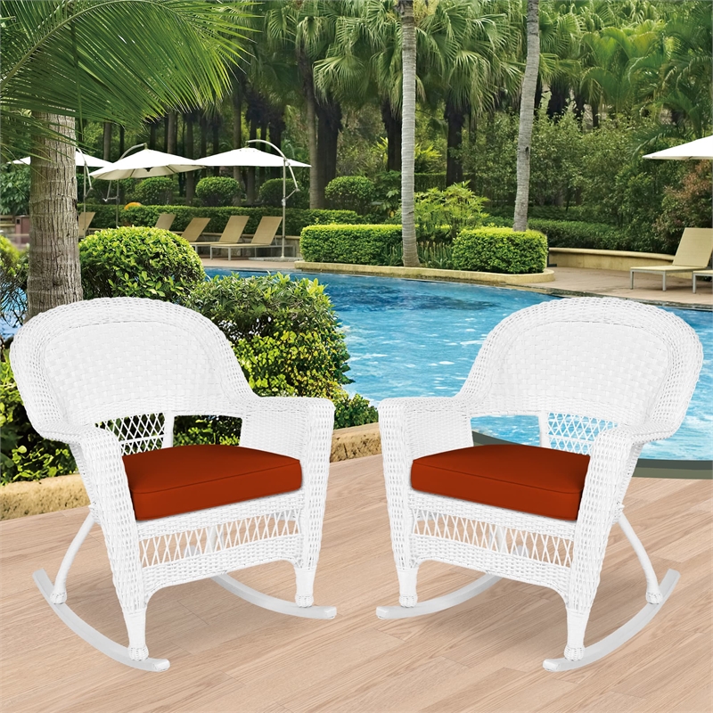 Jeco Rocker Wicker Chair in White with Red Cushion (Set of 2)