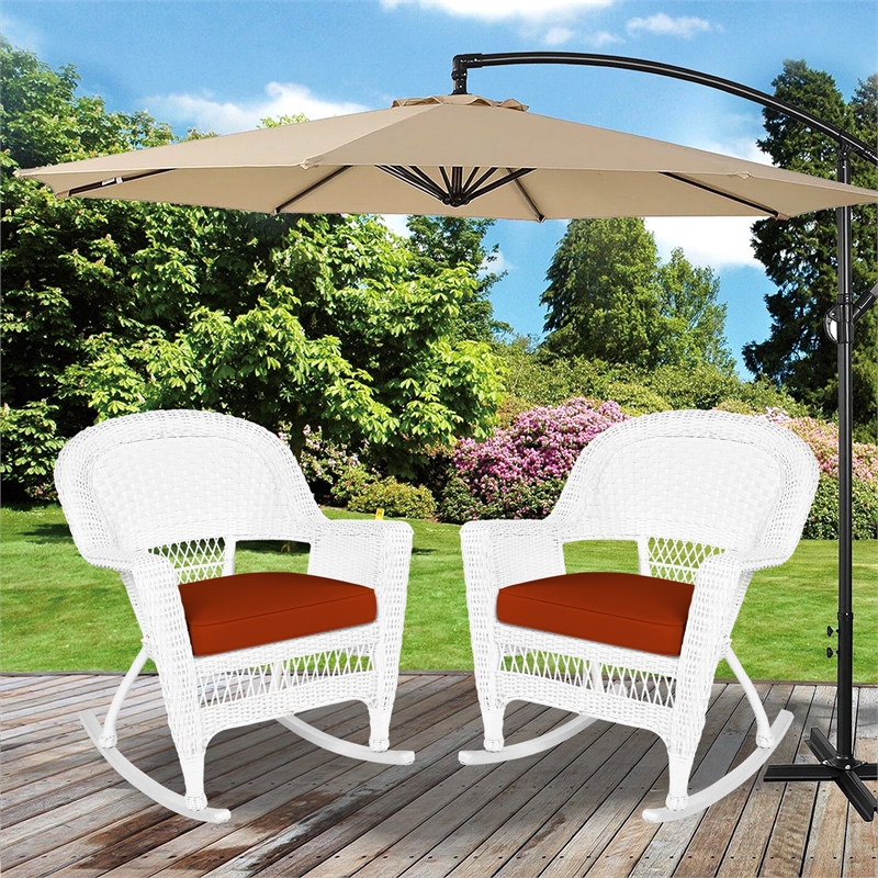 Jeco Rocker Wicker Chair in White with Red Cushion (Set of 2)