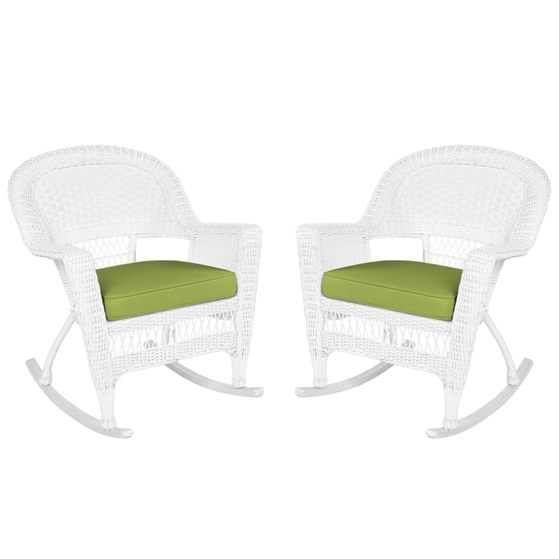 Jeco Rocker Wicker Chair in White with Green Cushion (Set of 2)