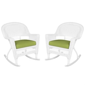 Jeco Rocker Wicker Chair in White with Green Cushion (Set of 2)